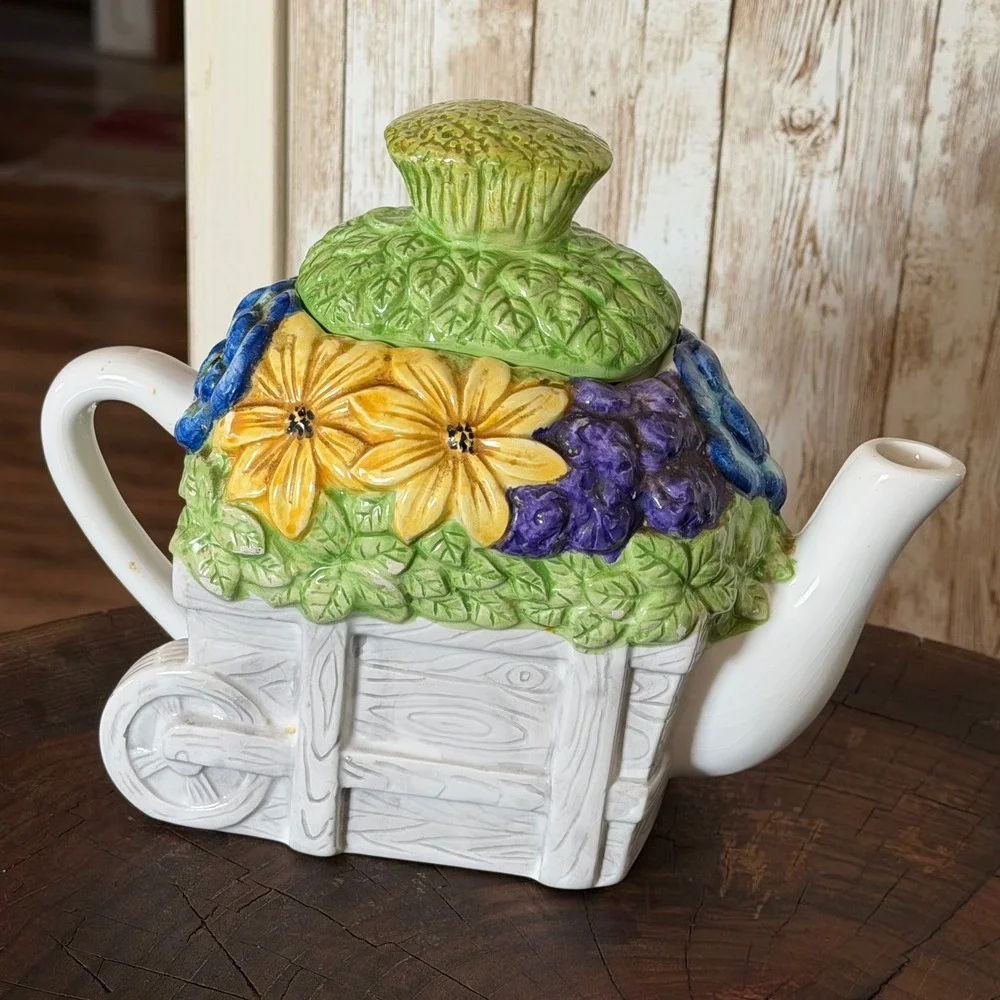 Vintage Ceramic Wheelbarrow Grandmacore Garden Teapot Cottagecore Sunflower